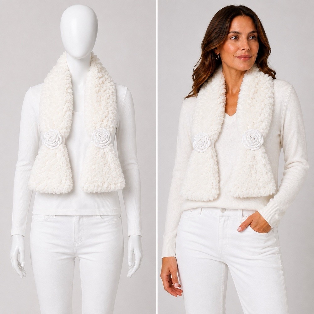 Dennis by Dennis Basso Scarf Women OS White Faux Fur Rosette Accent Plush Wrap